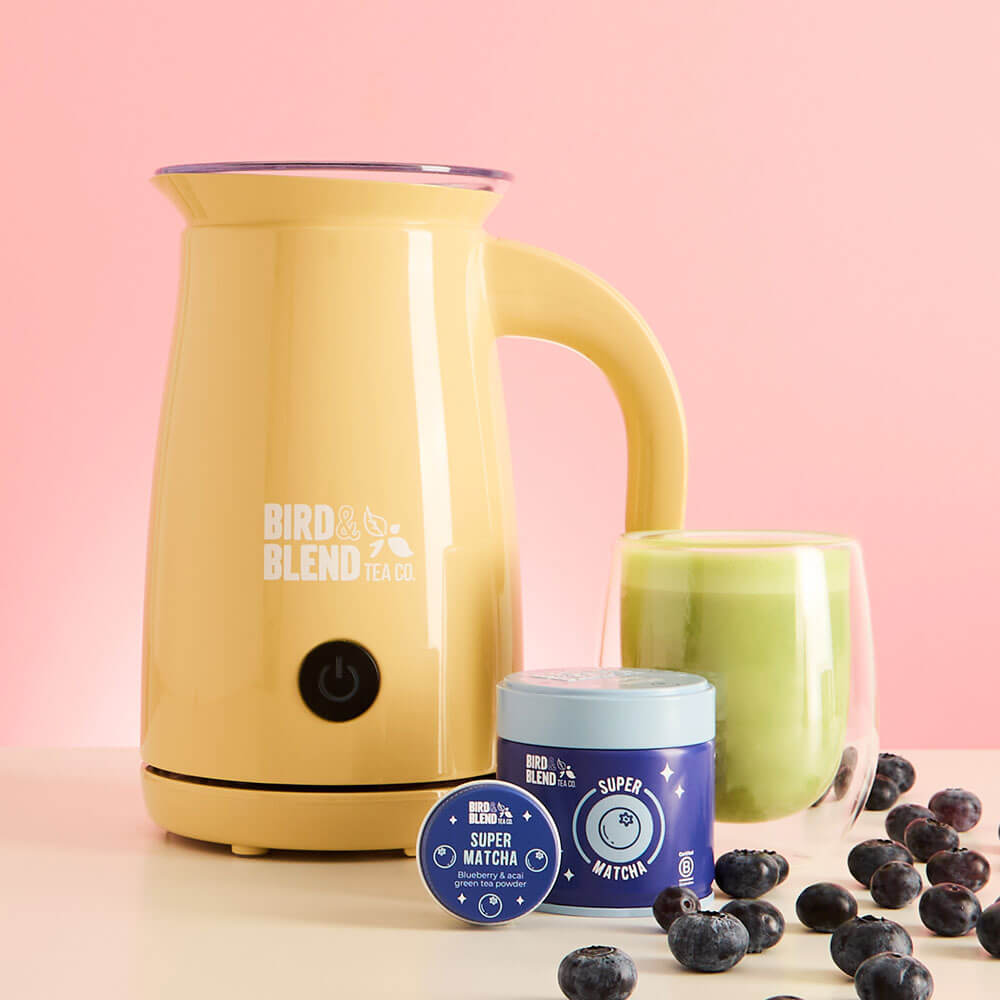 blueberry acai super matcha flavour with latte and magic whisk