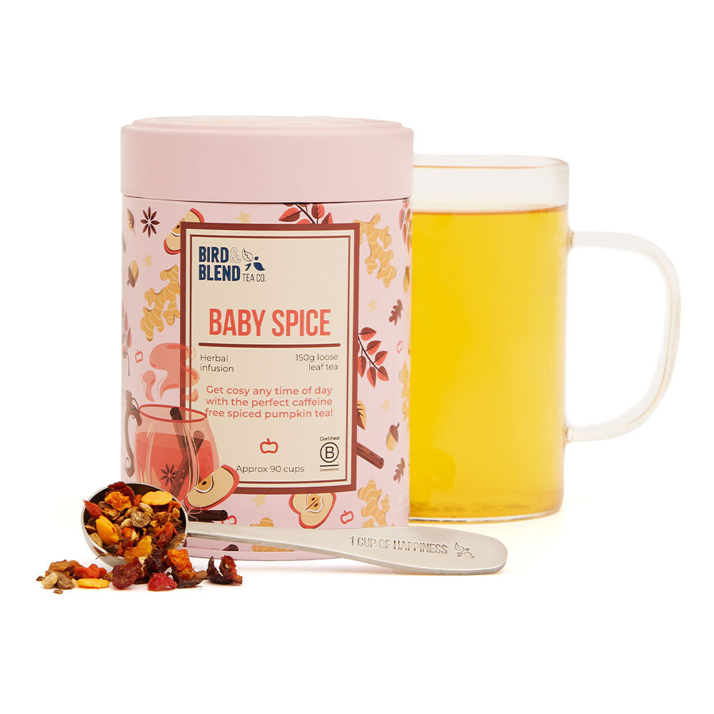 baby spice limited edition tea tin with hot tea and perfect tea spoon