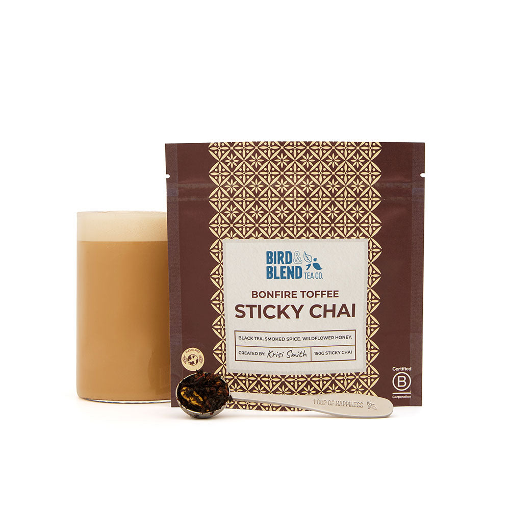 bonfire toffee sticky chai pouch with hot tea