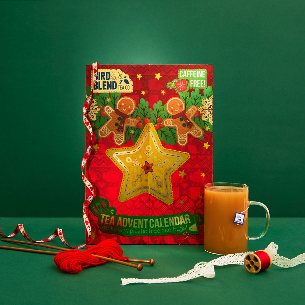 caffeine free tea advent calendar front of box with hot cup of tea