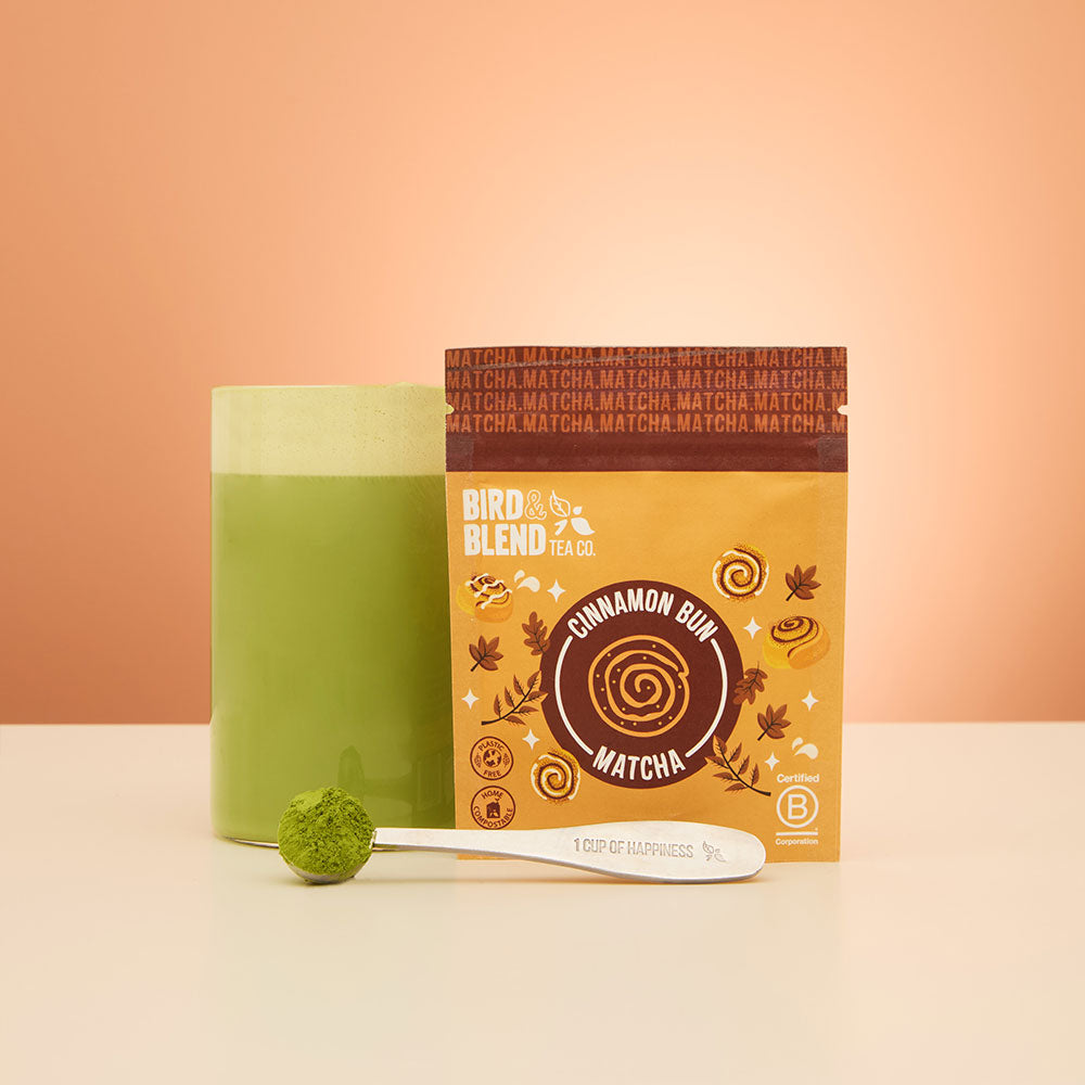 cinnamon bun matcha hot with perfect tea spoon