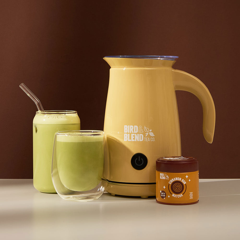 cinnamon bun matcha tin & hot & iced matcha latte & bamboo gloss whisk