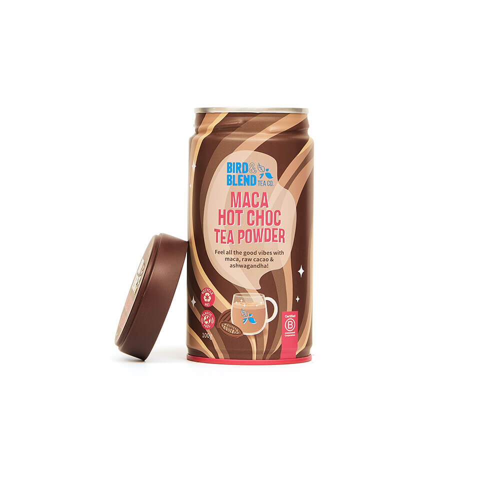 maca hot choc tea powder tin open