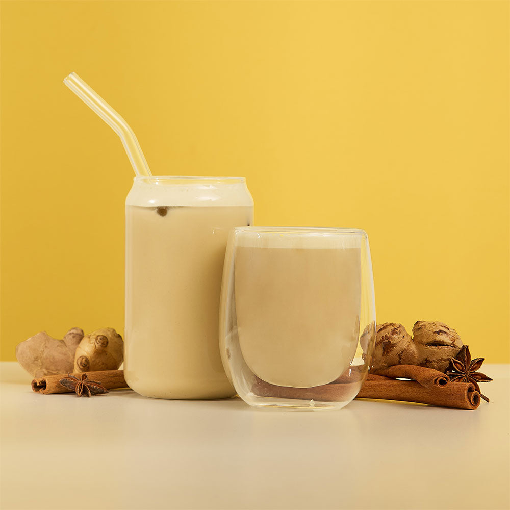 maple chai matcha hot & iced latte with chai spices & ginger around