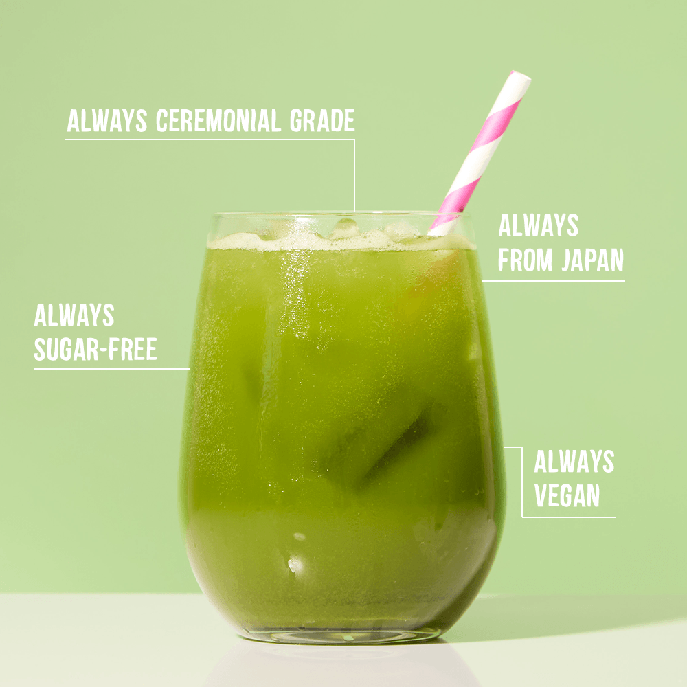 Iced Vanilla ice cream matcha soda with pinka nd white straw and matcha promises stating always ceremonial grade & from japan & vegan & sugar free
