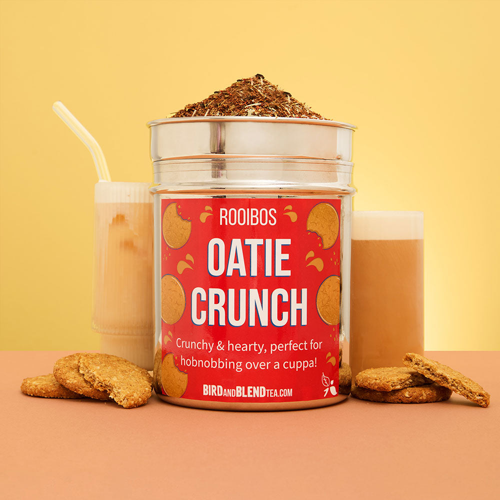 oatie crunch tea tin with hot and iced tea