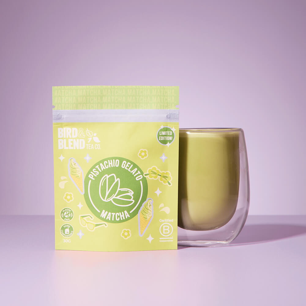 pistachio gelato matcha tea powder pouch and hot matcha tea latte