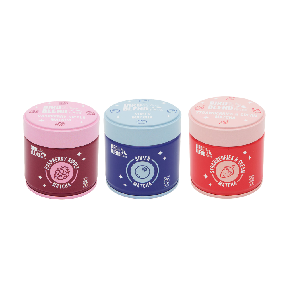 raspberry ripple matcha and blueberry and acai matcha and strawberries and cream matcha tea