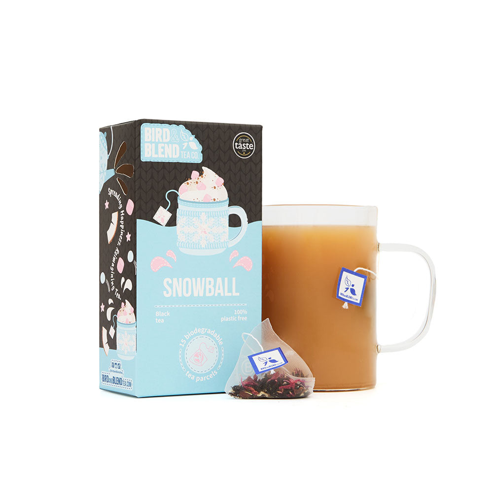 snowball tea bag gift with hot tea