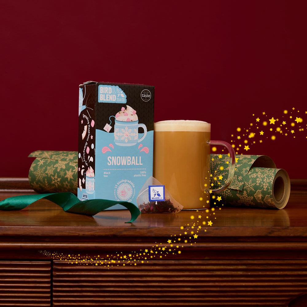 snowball tea bag gift with hot tea
