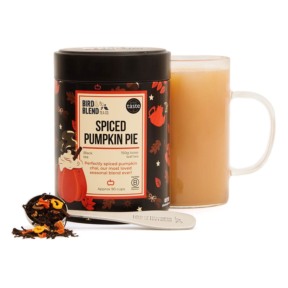 spiced pumpkin pie limited edition tea tin with hot tea and spoon