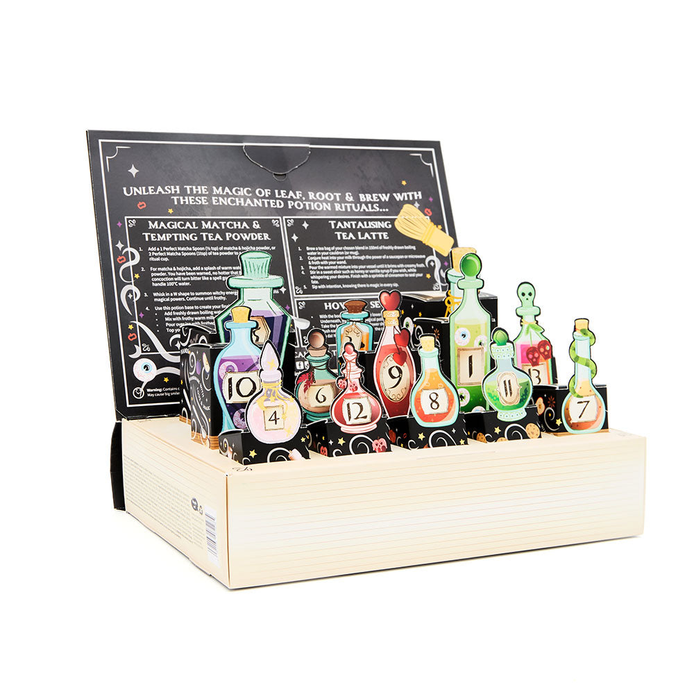 spooky countdown calendar open with potion bottles in view
