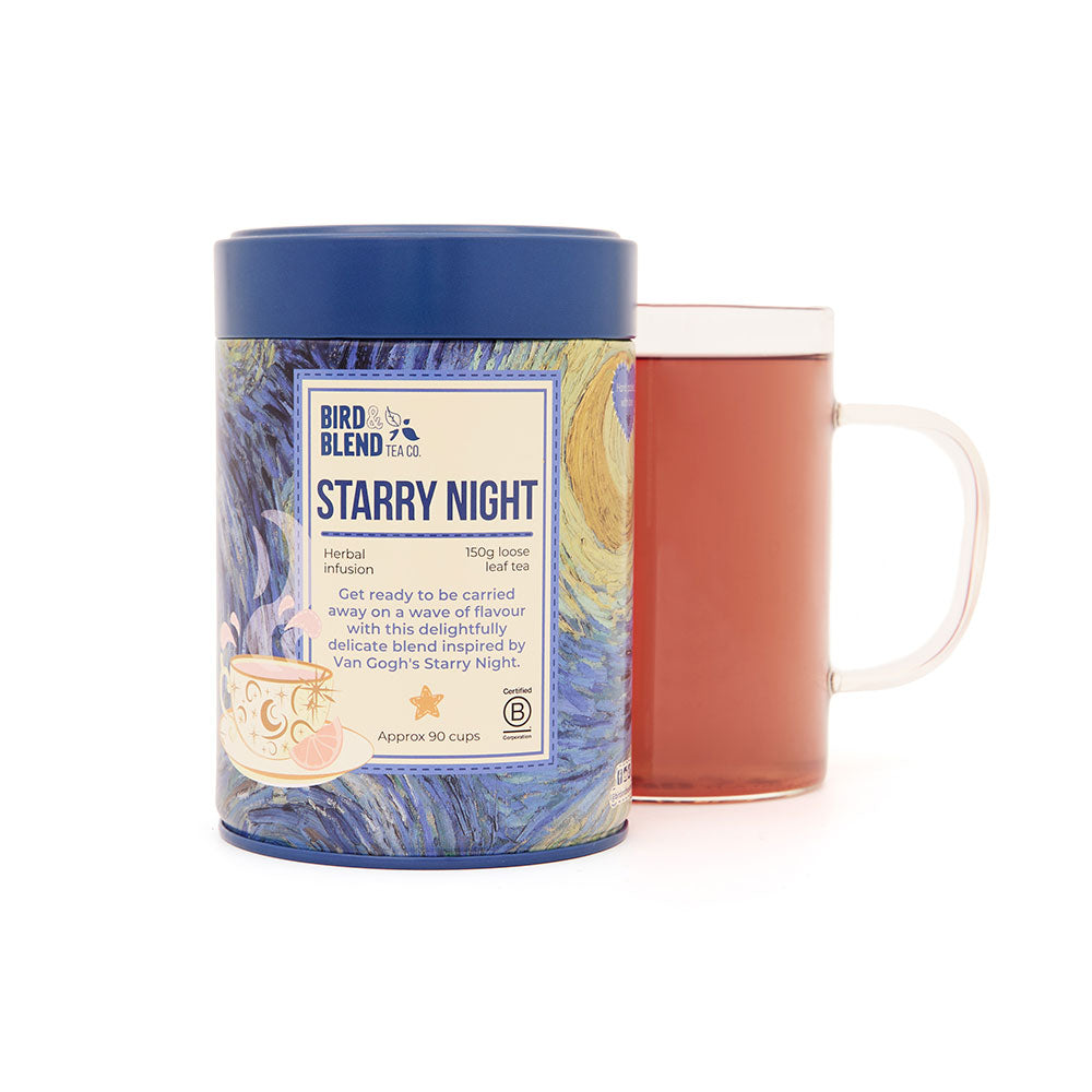 starry night 150g tea tin limited edition with hot tea