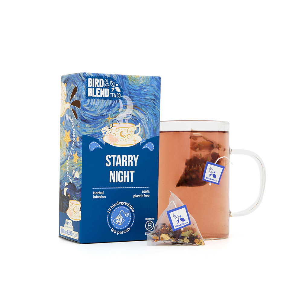 starry night tea bag gift parcel with hot tea and tea bag