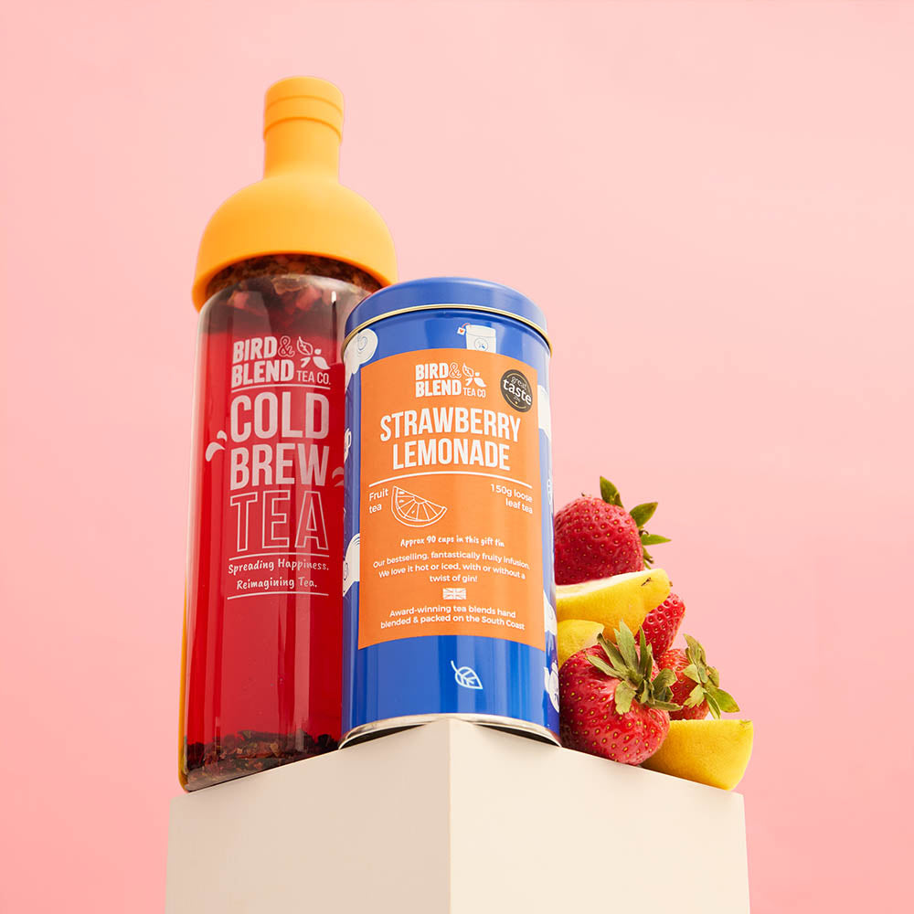 strawberry lemonade with orange bottle