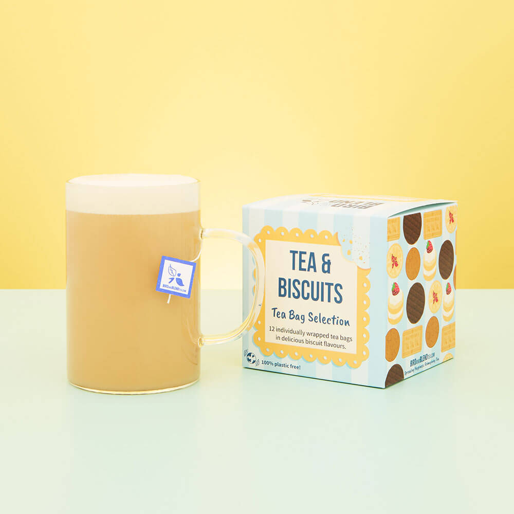 tea and biscuit tea bag selection gift cube hot malted milk tea latte in mug