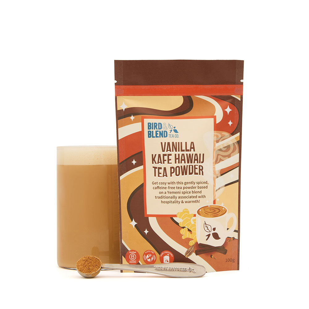 vanilla kafe hawaij hot tea with pouch and perfect tea spoon