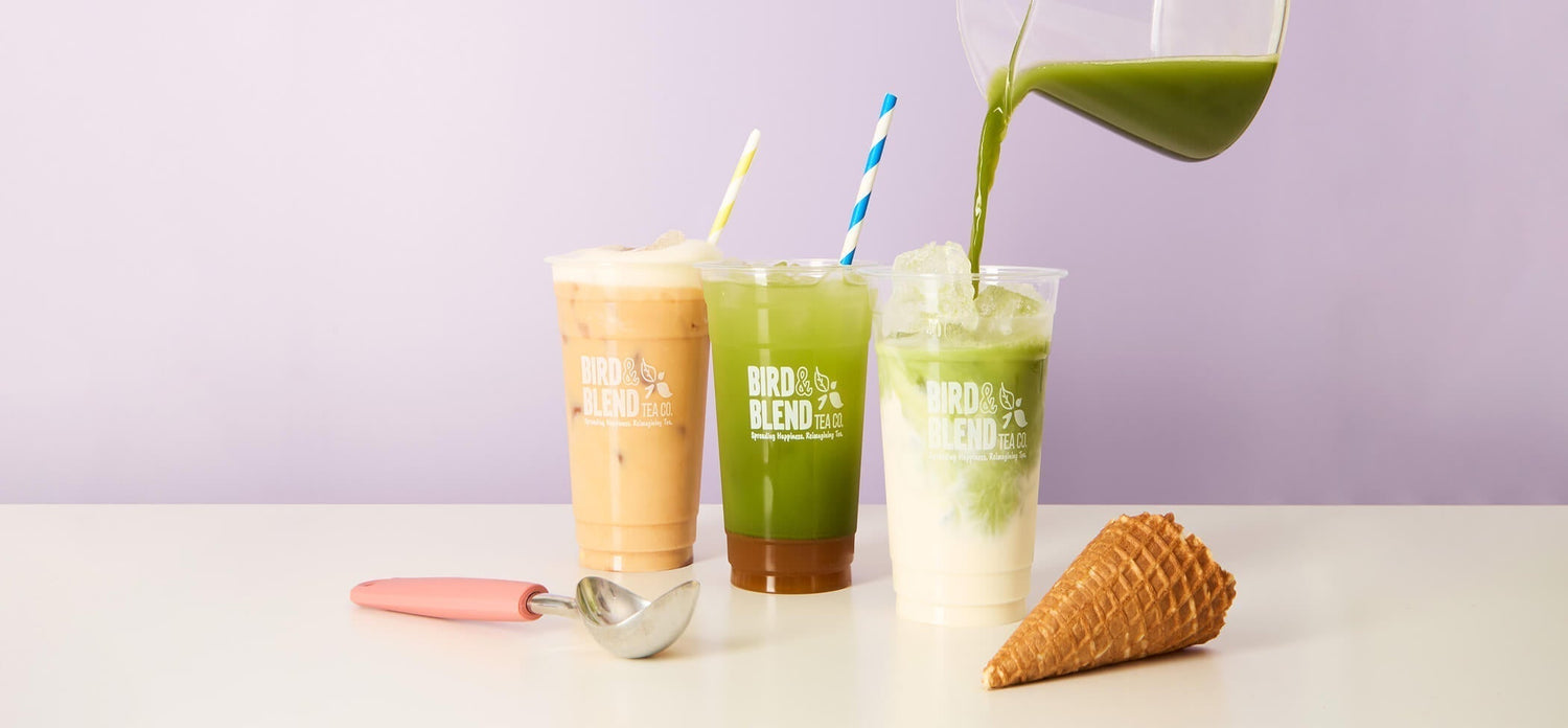 Spring matcha iced tea and matcha drinks specials and ice cream cone and ice cream scoop