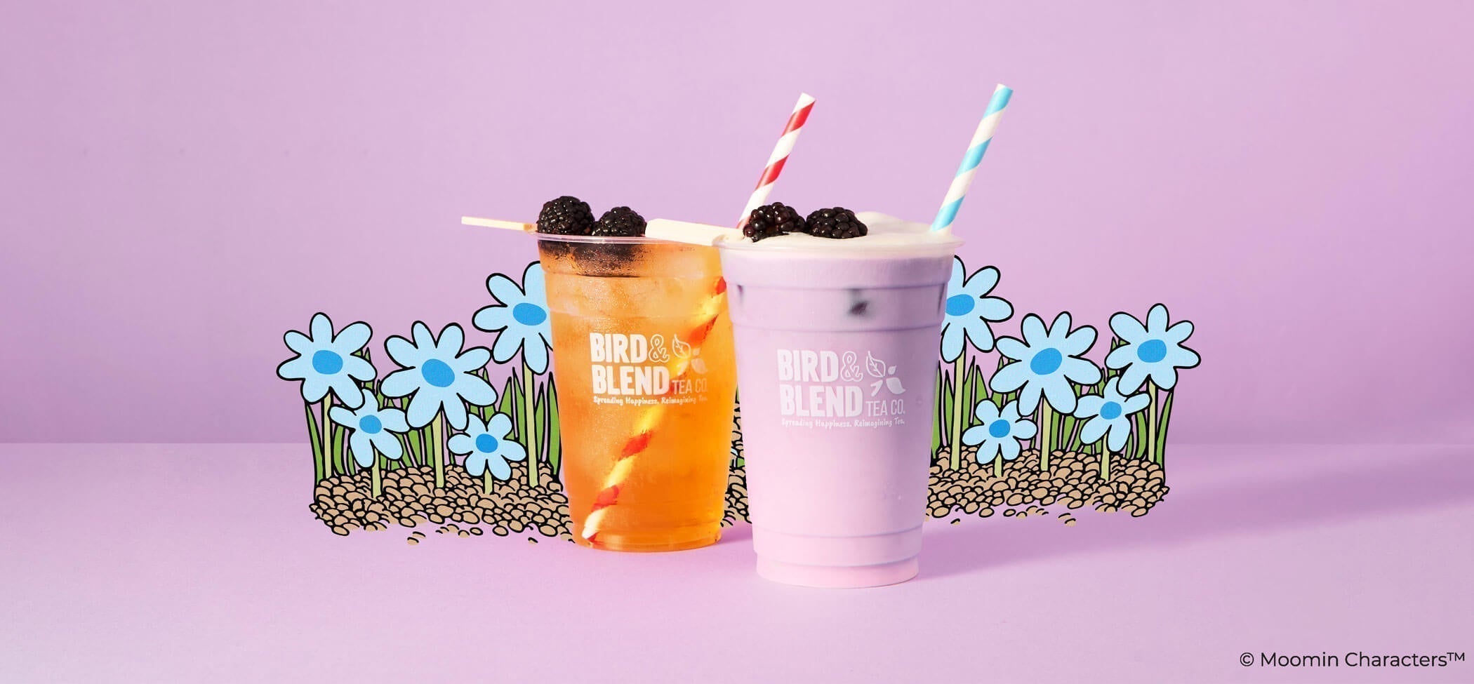 moomins drinks specials moomin berry basket matcha latte and moomins cosy comforts iced tea and blue and red striped straws