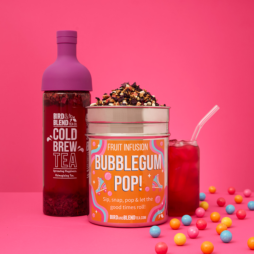 Bubblegum pop tea in plum purple cold brew tea bottle & custom tea tin and iced tea