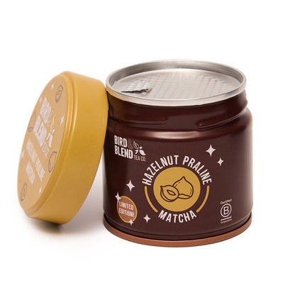 Hazelnut praline matcha tea powder in tin open