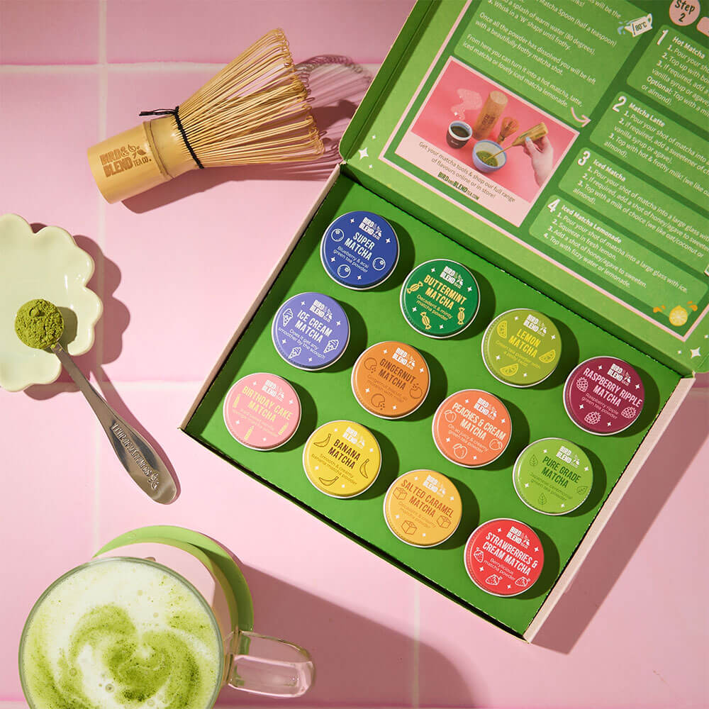 magical matcha selection box with 12 flavoured matcha tins and perfect matcha spoon and traditional bamboo matcha whisk 