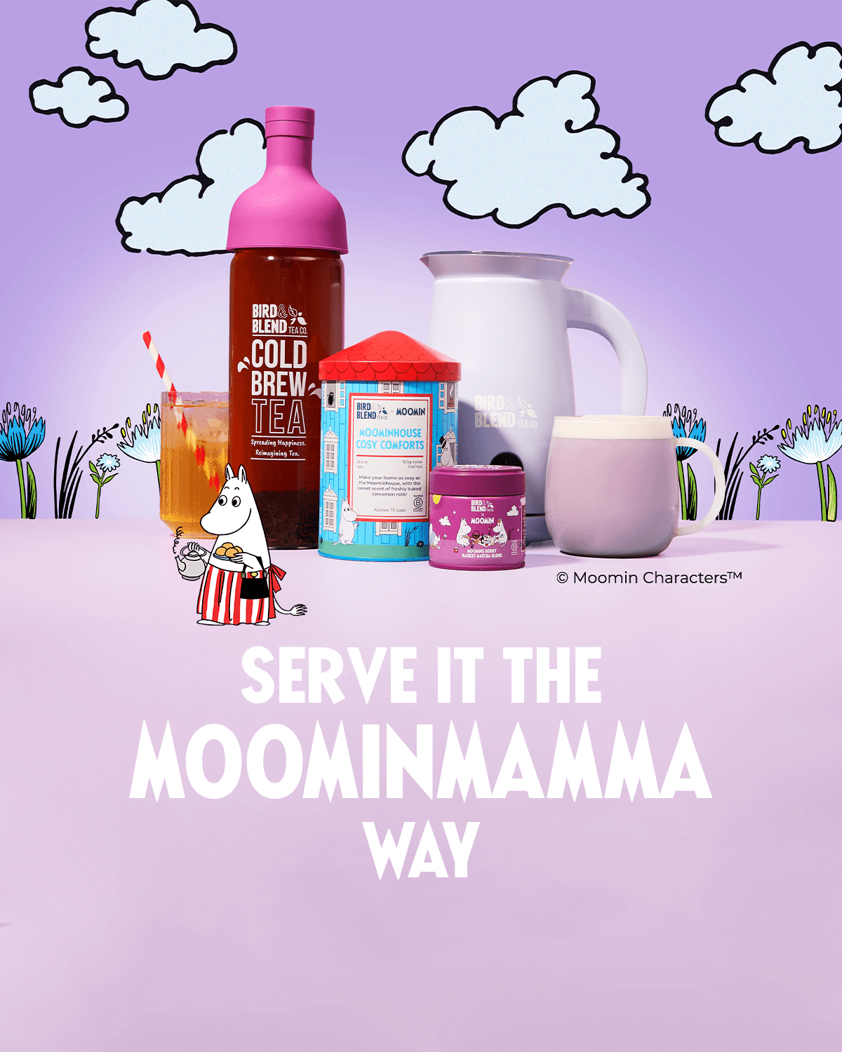 Moomin Tea & matcha collection banner showcasing new moomins berry basket matcha & moomin loose leaf black tea & plum purple cold brew tea bottle & soft lilac matcha latte magic whisk