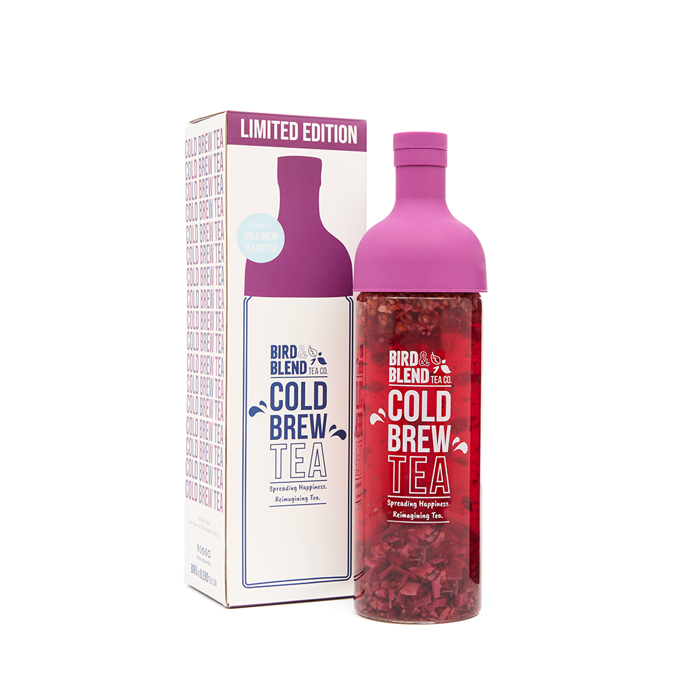 plum purple cold brew tea bottle filled &amp; cold brew tea bottle box