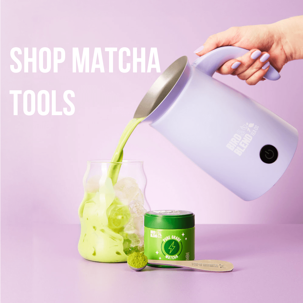  soft lilac magic latte whisk pouring pure grade matcha into iced tea latte 