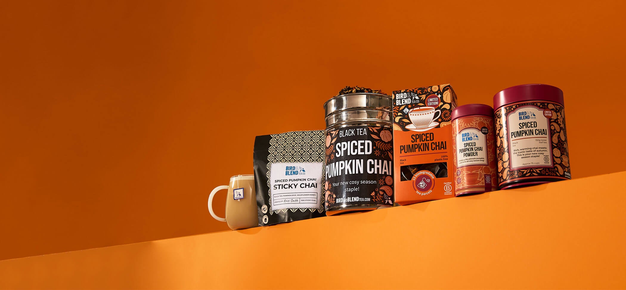 spiced pumpkin chai full collection with sticky chai & tea bag gift box & loose leaf 150 gift tin & tea powder & hot pumpkin spiced chai latte