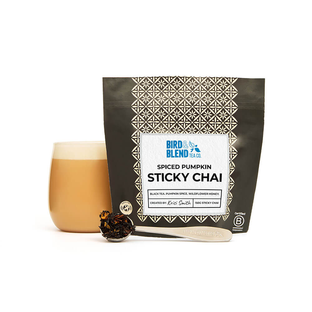 Spiced Pumpkin Chai Sticky Chai pouch & hot sticky chai latte