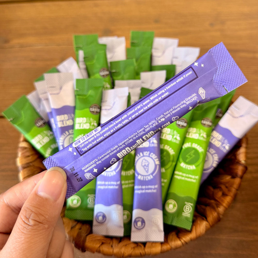 Back of Vanilla ice cream matcha sample sachets
