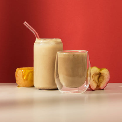 baked apple hojicha tea powder latte hot &amp; iced with apple covered in maple syrup