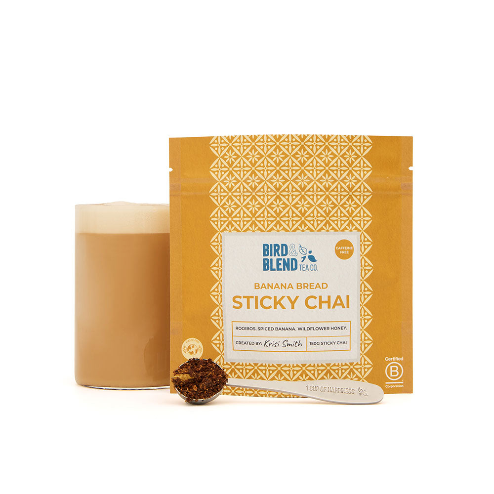banana bread sticky chai pouch with hot tea