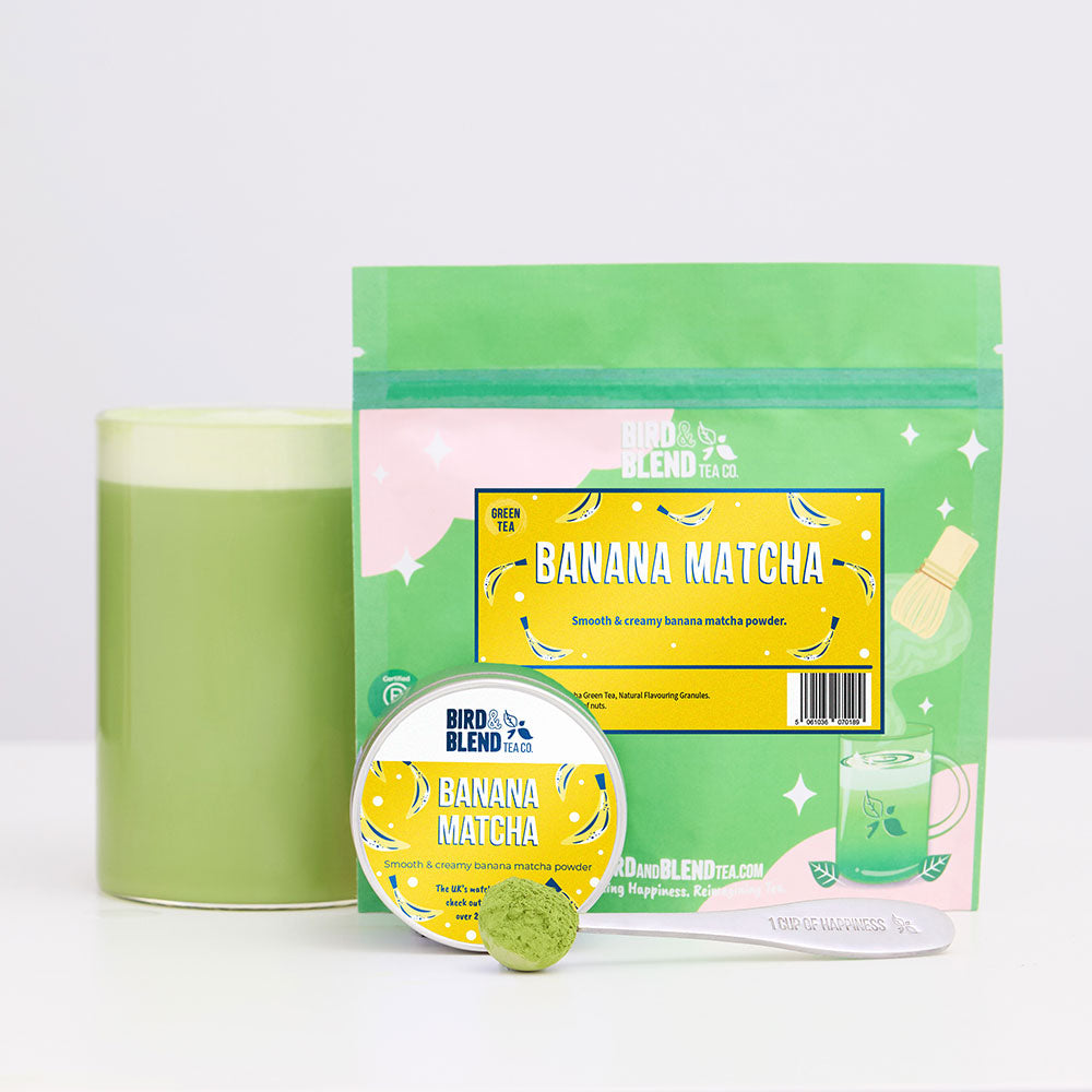 banana matcha tea tin and pouch