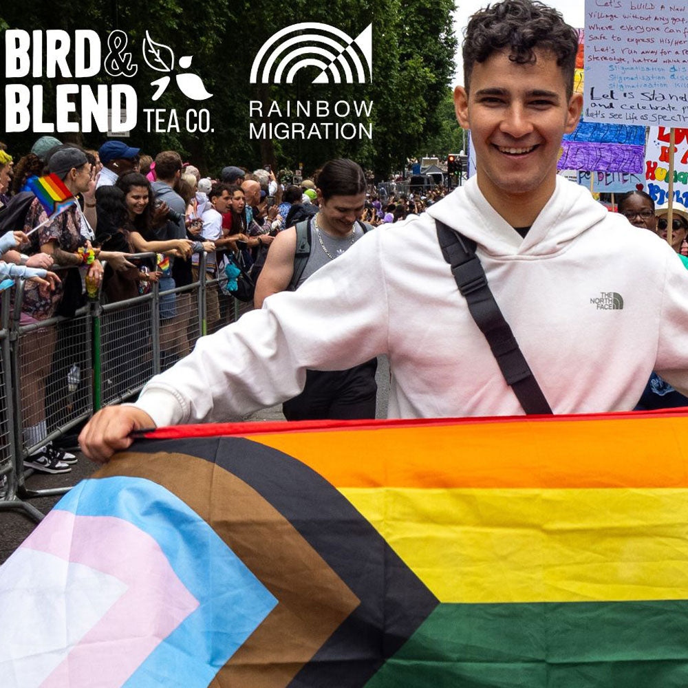 Bird & Blend Tea Co. & Rainbow Migration Charity Person Holding a LGBTQ Plus Flag at a March
