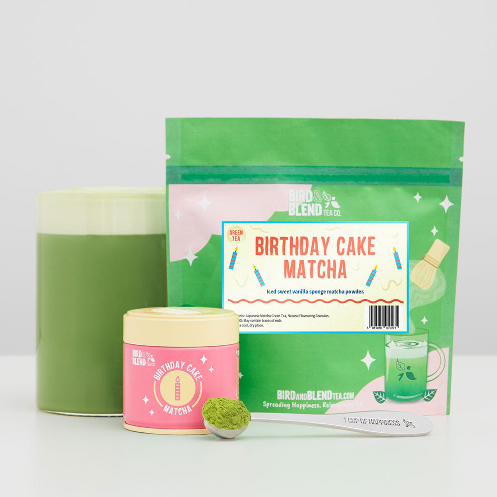 birthday cake matcha hot matcha with tin