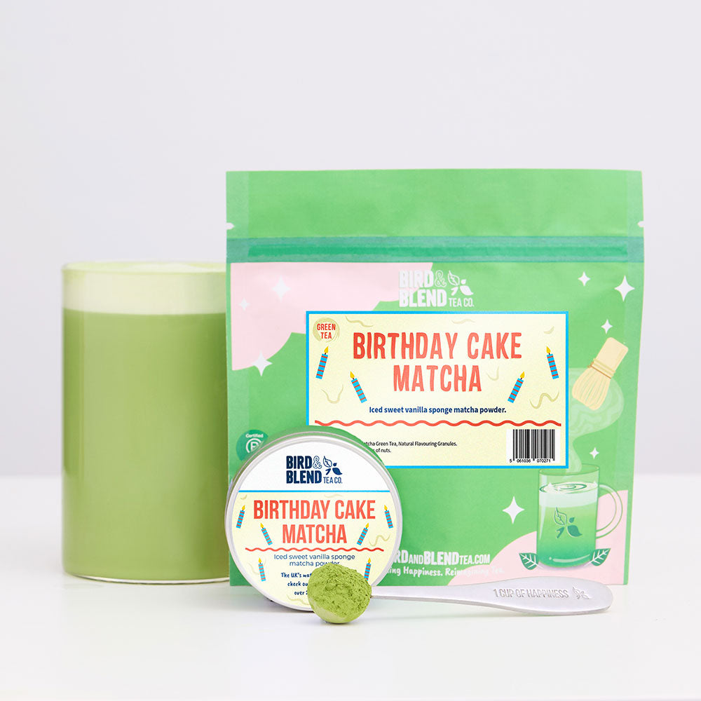 birthday cake matcha tea tin and pouch