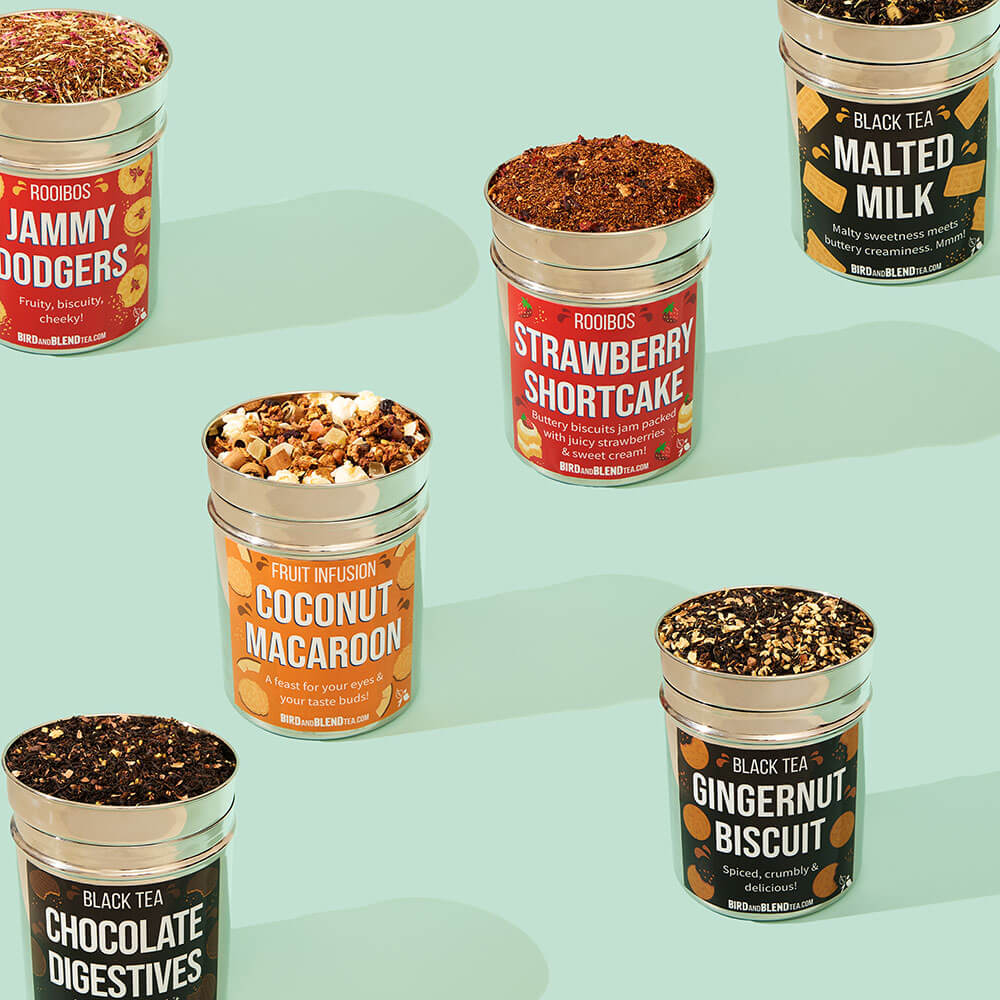 jammy dodgers loose leaf tea &amp; coconut macaroon loose leaf tea &amp; chocolate digestives loose leaf tea &amp; gingernut biscuit loose leaf tea &amp; malted milk loose leaf tea &amp; strawberry shortcake loose leaf tea