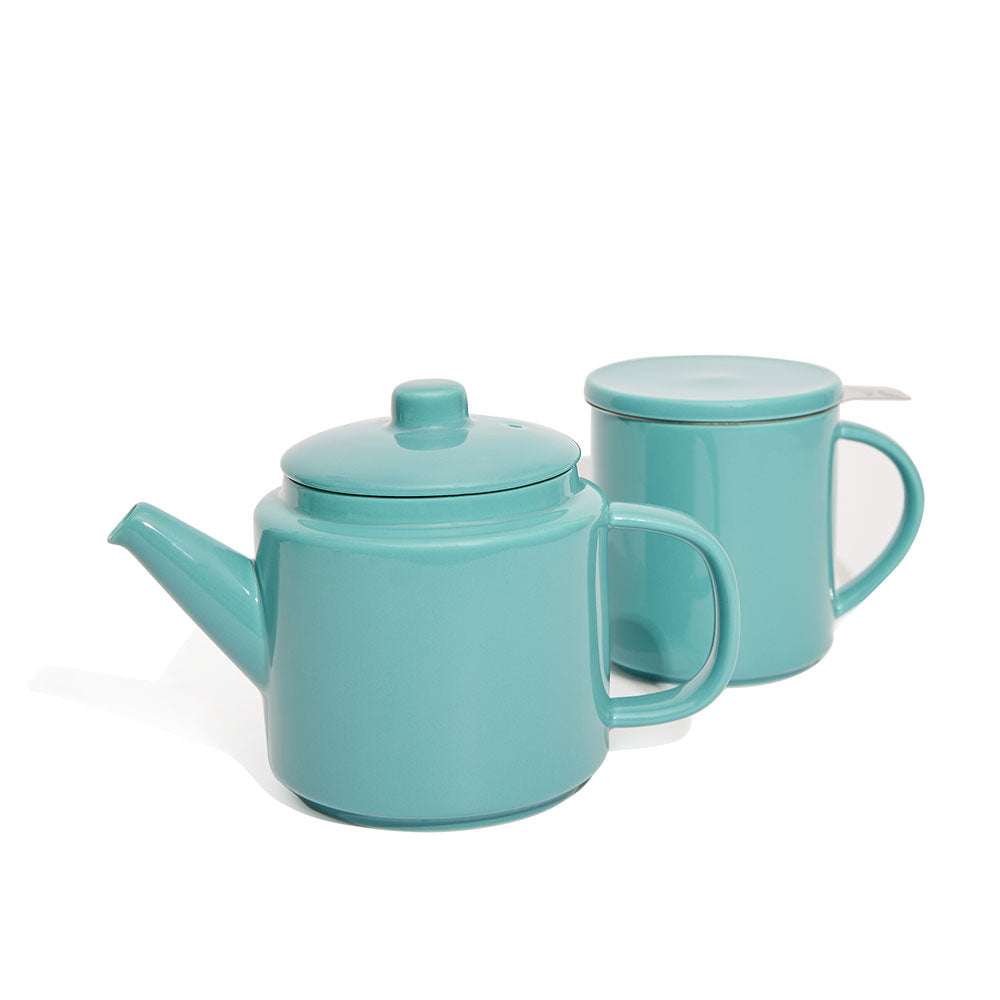 Breezy blue teapot with infuser and mug with infuser