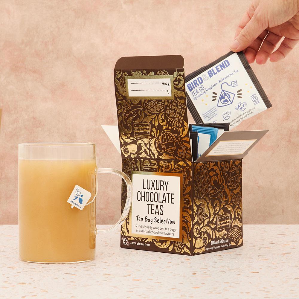 chocolate tea cube open selecting tea bag