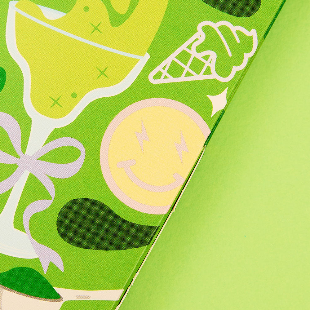 matcha advent calendar hype close up on image on Christmas icons and matcha icons ice cream cone smiley face emoji &amp; mocktail