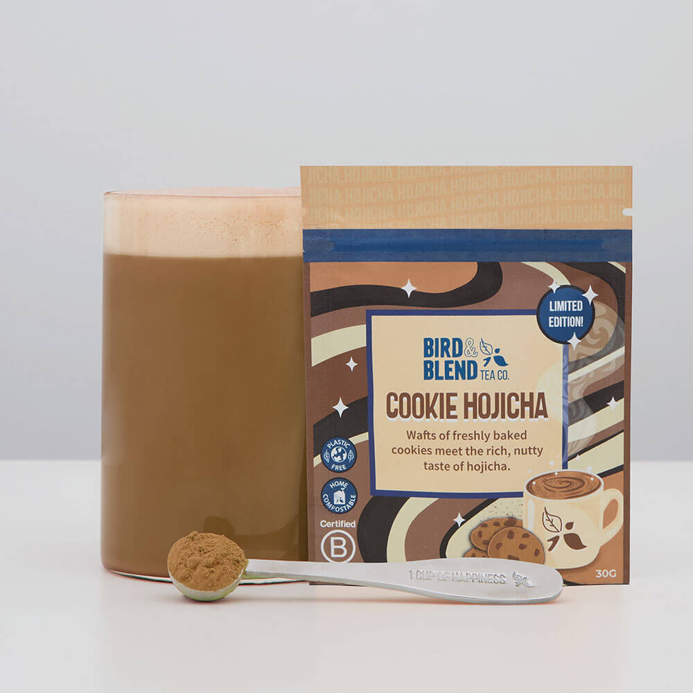 cookie hojicha tea powder pouch &amp; cookie hojicha tea latte &amp; spoon