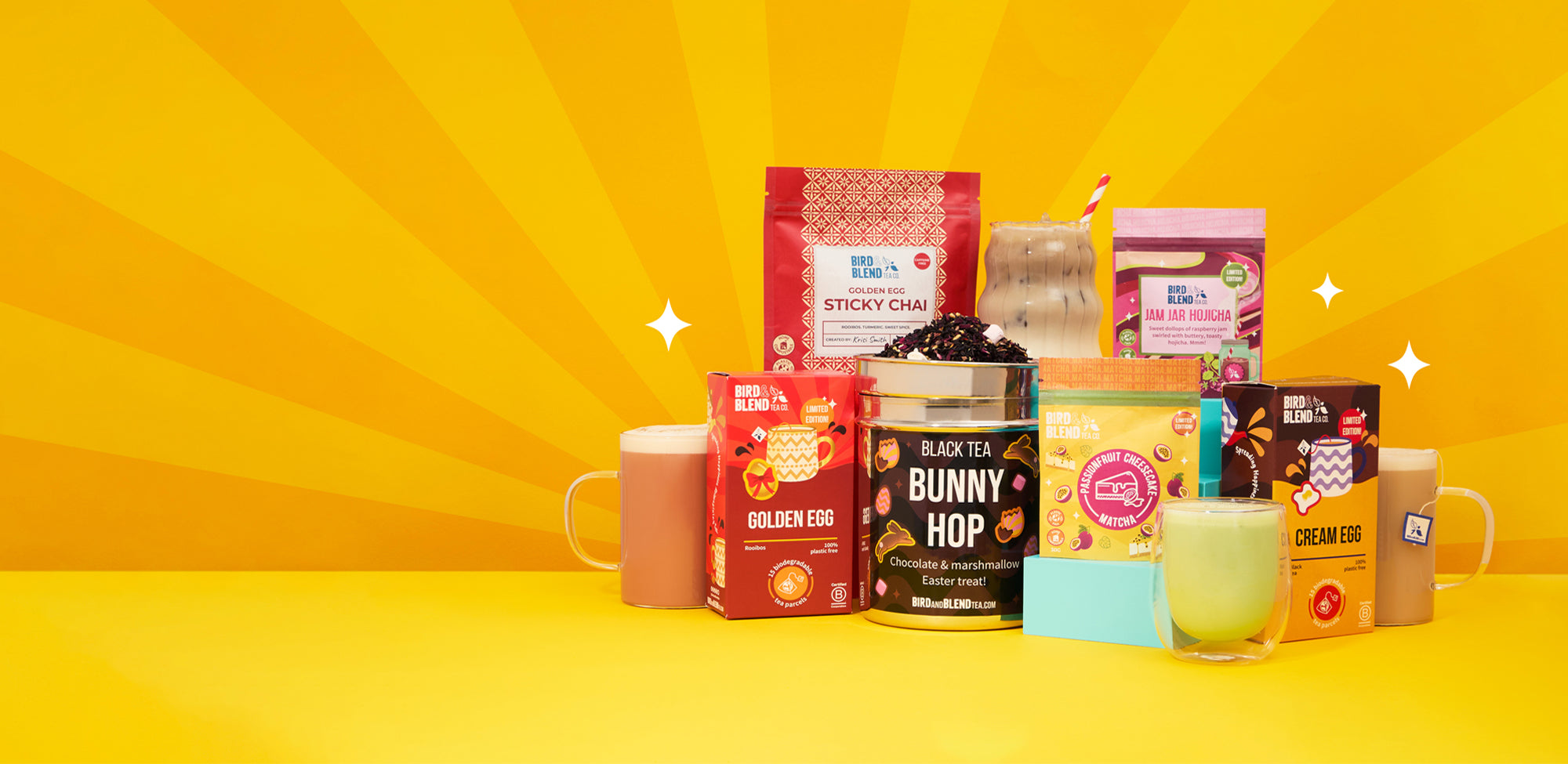 easter collection of loose leaf tea and tea bags and matcha and hojicha tea powder and sticky chai and hot and iced drinks