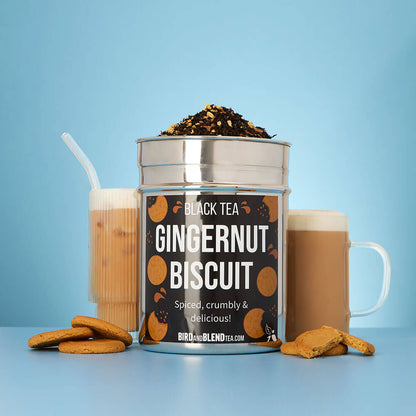 gingernut biscuit hot &amp; iced tea latte &amp; custom tea tin with loose leaf tea &amp; gingernut biscuits