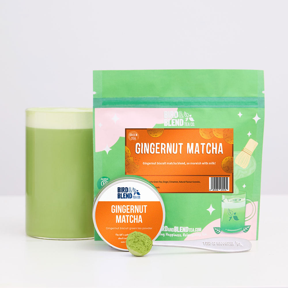 gingernut matcha tea tin and pouch