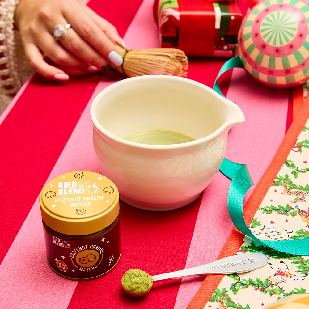 hazelnut praline matcha tin and traditional bamboo whisk and matcha bowl