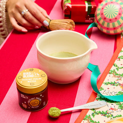 hazelnut praline matcha tin and traditional bamboo whisk and matcha bowl