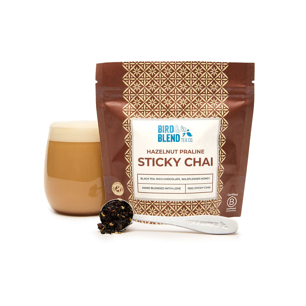 Hazelnut praline sticky chai pouch and hot tea latte