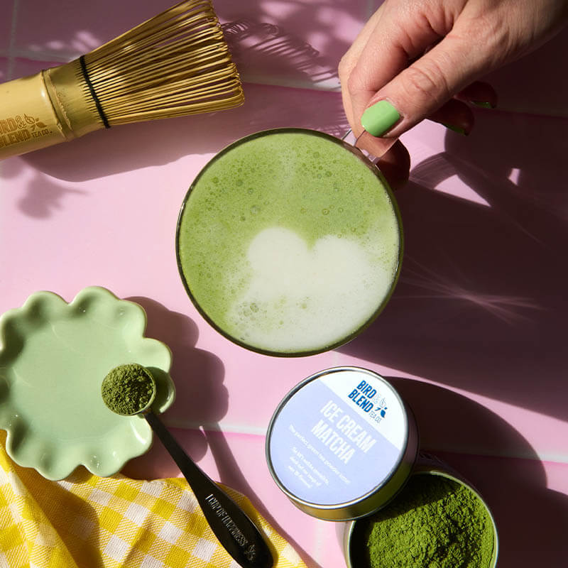 ice cream matcha latte with whisk